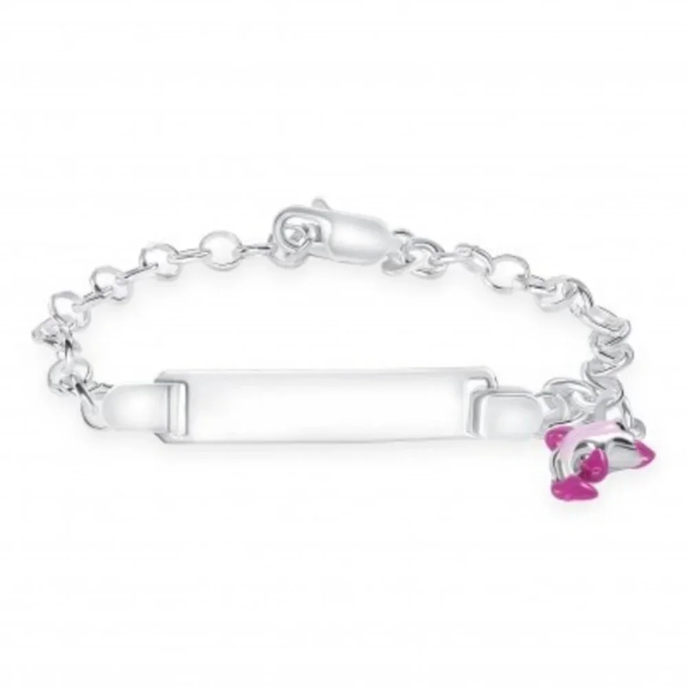 925 SILVER KIDS ID PINK ENAMEL DOLPHIN BRACELET 6.25